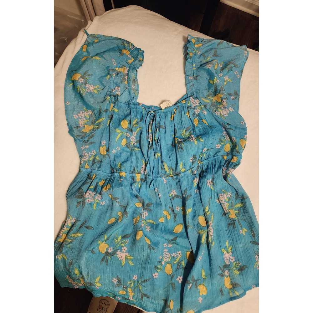 Perch by Blu Pepper Blue Lemon Floral Babydoll Blouse Off Shoulder Top 3XL - Picture 6 of 7